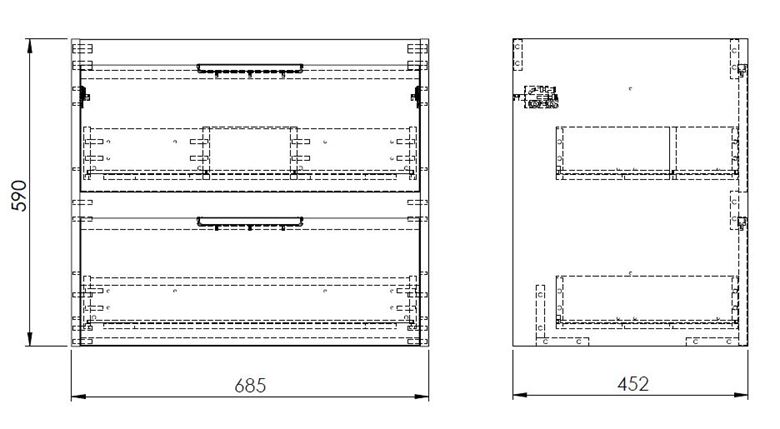 ROCA ALPINE skrinka pod umývadlo 68,5x59x45,2 cm, 2 zásuvky, lesklá biela A857864806 Technický nákres