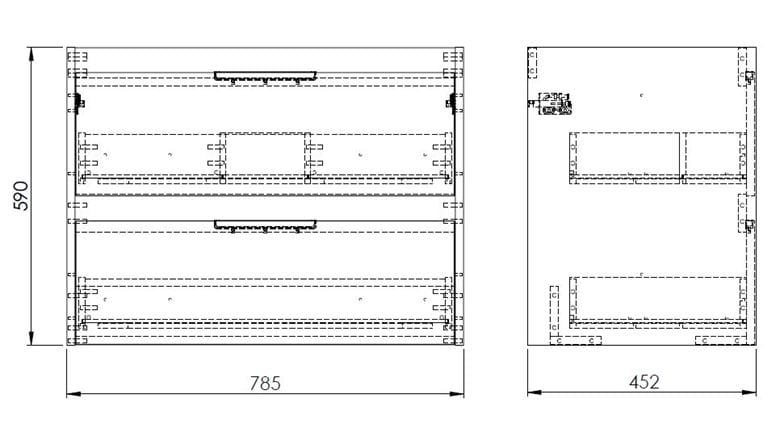 ROCA ALPINE skrinka pod umývadlo 78,5x59x45,2 cm, 2 zásuvky, lesklá biela A857865806 Technický nákres