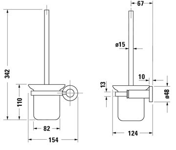 DURAVIT KARREE WC kefa, nástenná, matné sklo, chróm 0099571000 Technický nákres