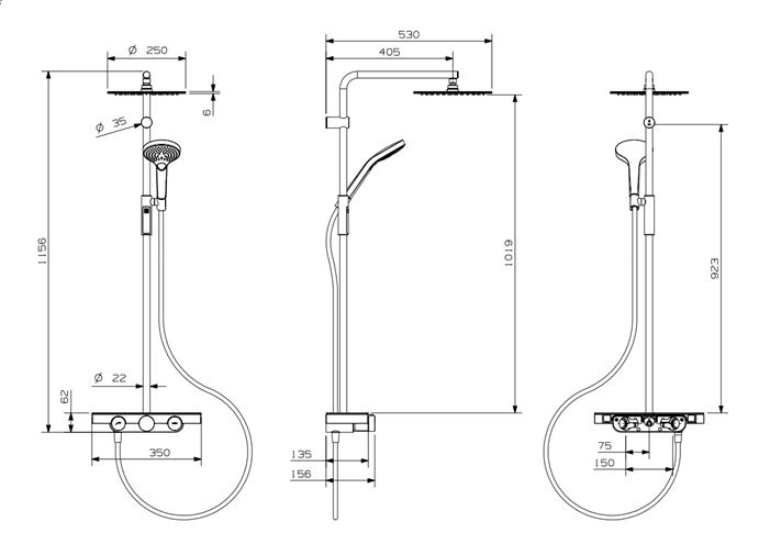NDW COLONNA VETRO SIMETRY sprchový set s termostatickou batériou, horná sprcha, ručná sprcha s 3 prúdmi, tyč, hadica, chróm / biele sklo PM10154/W Technický nákres