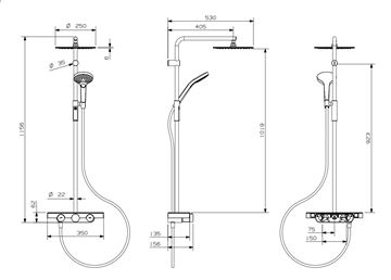 NDW COLONNA VETRO SIMETRY sprchový set s termostatickou batériou, horná sprcha, ručná sprcha s 3 prúdmi, tyč, hadica, chróm / biele sklo PM10154/W Technický nákres