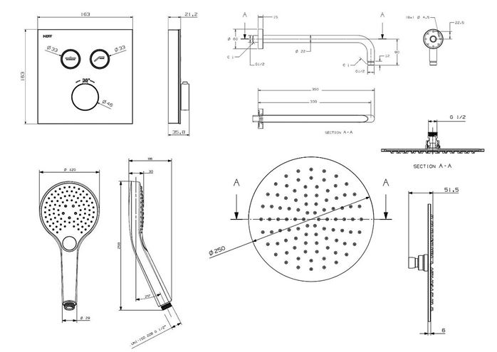 NDW KIT SWISSBOX sprchový set s termostatickou podomietkovou batériou, horná sprcha, ručná sprcha s 3 prúdmi, hadica, držiak, chróm PM09068/CH Technický nákres