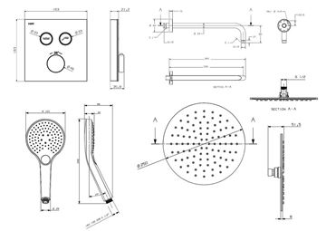 NDW KIT SWISSBOX sprchový set s termostatickou podomietkovou batériou, horná sprcha, ručná sprcha s 3 prúdmi, hadica, držiak, chróm PM09068/CH Technický nákres