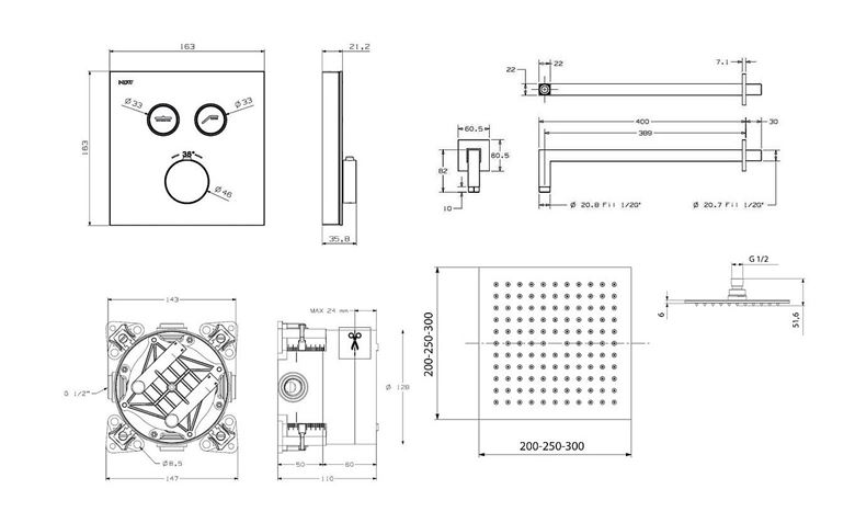 NDW KIT SWISSBOX sprchový set s termostatickou podomietkovou batériou, horná sprcha, ručná sprcha s 3 prúdmi, hadica, držiak, chróm PM09069/CH Technický nákres