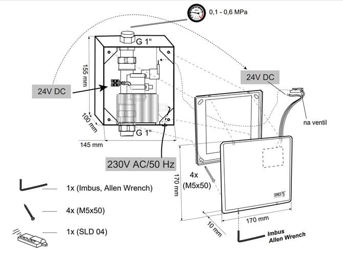 SANELA časový spínač splachovania, s ventilom, napájanie zo siete, antivandalové  SLP 01Z Technický nákres