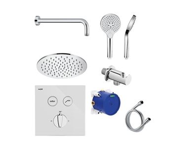 NDW KIT SWISSBOX sprchový set s termostatickou podomietkovou batériou, horná sprcha, ručná sprcha s 3 prúdmi, hadica, držiak, chróm / biele sklo PM09071/W Obrázek - fotka