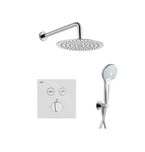 NDW KIT SWISSBOX sprchový set s termostatickou podomietkovou batériou, horná sprcha, ručná sprcha s 3 prúdmi, hadica, držiak, chróm / biele sklo PM09071/W Obrázek - Hlavní obrázek
