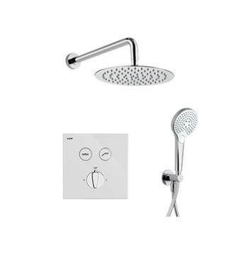 NDW KIT SWISSBOX sprchový set s termostatickou podomietkovou batériou, horná sprcha, ručná sprcha s 3 prúdmi, hadica, držiak, chróm / biele sklo