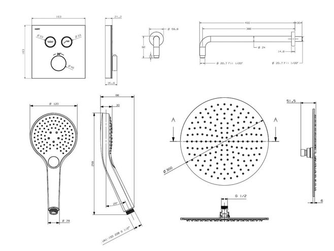NDW KIT SWISSBOX sprchový set s termostatickou podomietkovou batériou, horná sprcha, ručná sprcha s 3 prúdmi, hadica, držiak, chróm / biele sklo PM09071/W Technický nákres