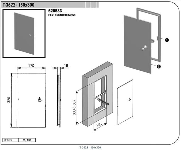 SLOVARM T-3622 krycie dvierka 150x300 mm, ABS 620583 Technický nákres