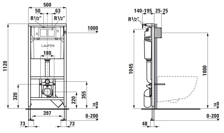 LAUFEN LIS CW1 montážny prvok pre WC 112 cm, so splachovacou nádržkou H8946600000001 Technický nákres
