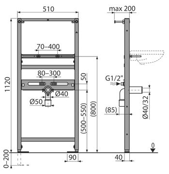 EASY A104/1120 montážny rám pre umývadlo 112 cm EAM7.1120 Technický nákres
