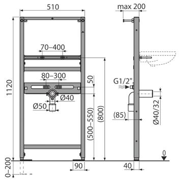 ALCA montážny rám pre umývadlo 112 cm A104/1120 Technický nákres