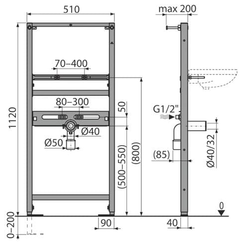 ALCA montážny rám pre umývadlo 112 cm A104/1120 Technický nákres