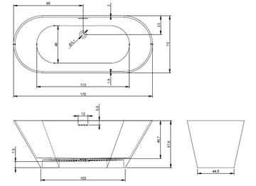 RIHO BARCELONA voľne stojaca vaňa 170x70 cm, pre 2 osoby, liaty mramor B117001105 Technický nákres