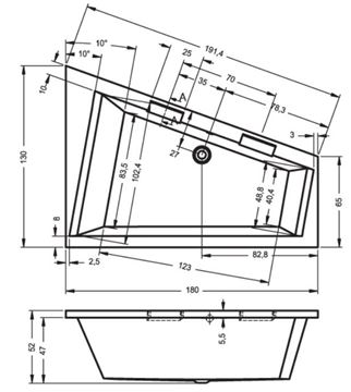 RIHO DOPPIO rohová vaňa 180x130 cm, bez nožičiek, akrylát B034001005 Technický nákres