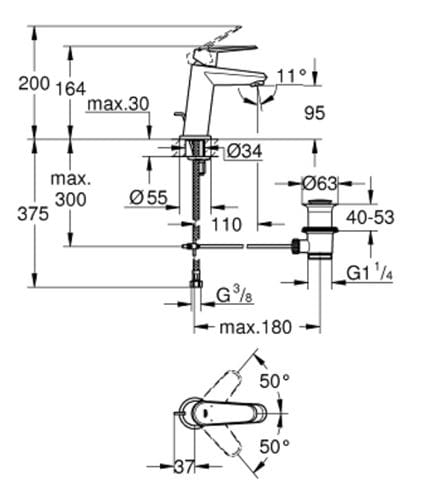 GROHE EURODISC COSMOPOLITAN umývadlová stojanková batéria, s odtokovou súpravou, chróm 23049002 Technický nákres
