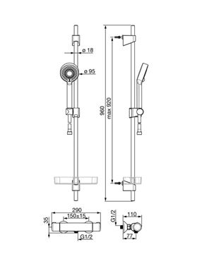 HANSA MICRA sprchový set s termostatickou batériou, ručná sprcha s 3 prúdmi, tyč, hadica, chróm 48150171 Technický nákres