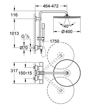 GROHE RAINSHOWER SYSTEM 400 sprchový set s termostatickou batériou, horná sprcha, ručná sprcha, tyč, hadica, chróm 27174001 Technický nákres