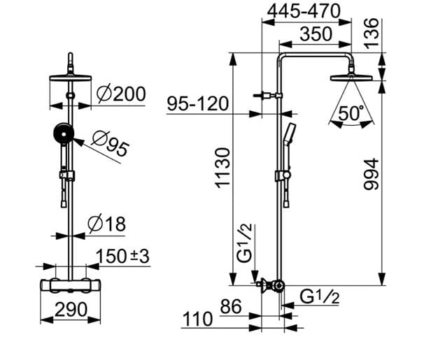HANSA MICRA sprchový set s termostatickou batériou, horná sprcha, ručná sprcha s 3 prúdmi, tyč, hadica, chróm 44350130 Technický nákres
