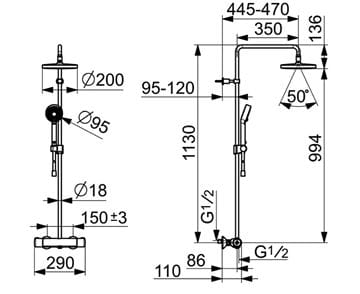 HANSA MICRA sprchový set s termostatickou batériou, horná sprcha, ručná sprcha s 3 prúdmi, tyč, hadica, chróm 44350130 Technický nákres