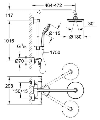 GROHE EUPHORIA SYSTEM 180 sprchový set s termostatickou batériou, horná sprcha, ručná sprcha, tyč, hadica, chróm 27296001 Technický nákres