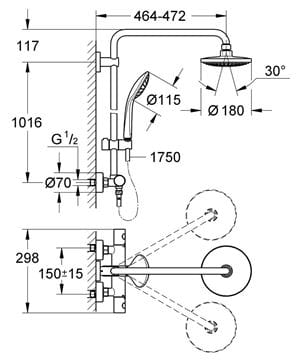 GROHE EUPHORIA SYSTEM 180 sprchový set s termostatickou batériou, horná sprcha, ručná sprcha, tyč, hadica, chróm 27296001 Technický nákres