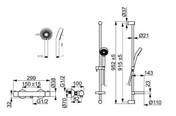 HANSA UNITA sprchový set s termostatickou batériou, ručná sprcha s 3 prúdmi, tyč, hadica, chróm 48130131 Technický nákres