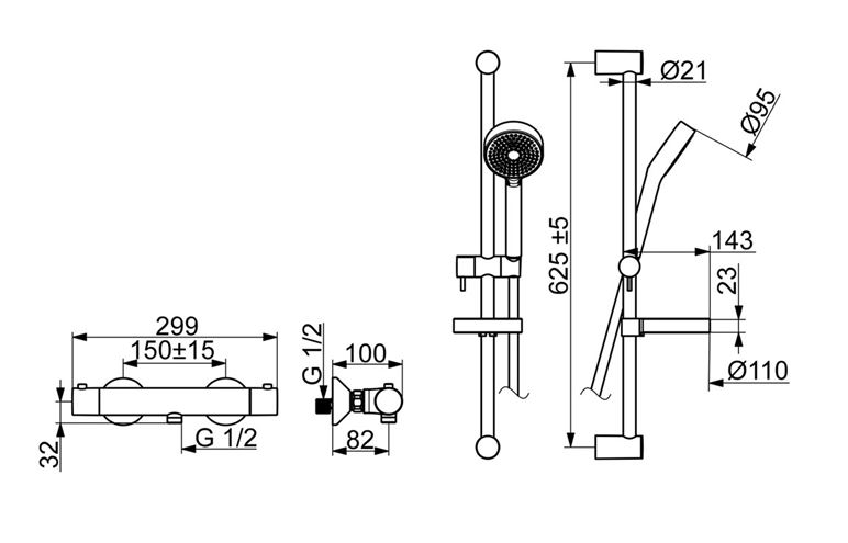 HANSA UNITA sprchový set s termostatickou batériou, ručná sprcha, tyč, hadica, chróm 48130121 Technický nákres