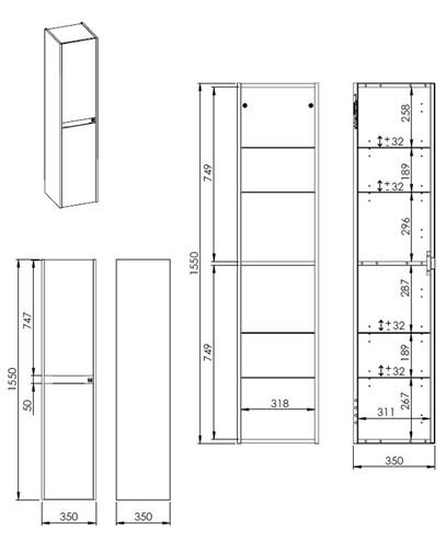 ROCA ALPINE vysoká skrinka 35x35x155 cm, 2 dvierka, svetlý dub/čierna A857869464 Technický nákres