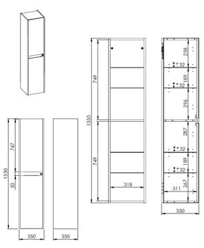 ROCA ALPINE vysoká skrinka 35x35x155 cm, 2 dvierka, svetlý dub/čierna A857869464 Technický nákres