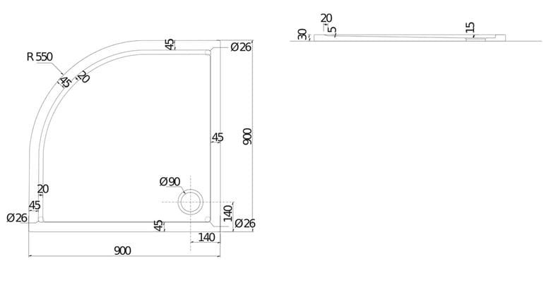 JIKA PADANA sprchová vanička 90x90 cm, R550, liaty mramor, samonosná H2119330000001 Technický nákres