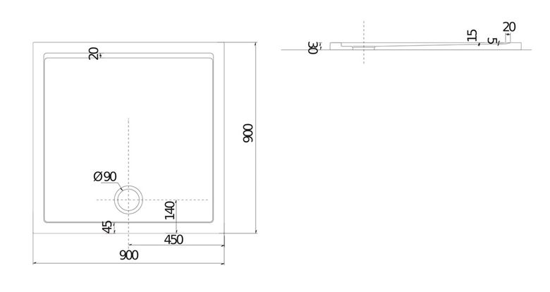 JIKA PADANA sprchová vanička 90x90 cm, liaty mramor, samonosná H2119320000001 Technický nákres