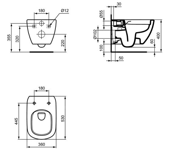 IDEAL STANDARD TESI závesné WC, Rimless splachovanie T493201 Technický nákres