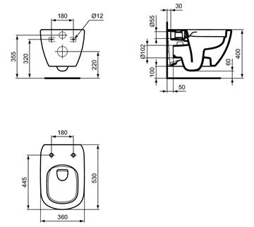 IDEAL STANDARD TESI závesné WC, Rimless splachovanie T493201 Technický nákres