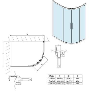 POLYSAN LUCIS LINE sprchový kút 90x80 cm, R550, posuvné dvere, leštený hliník/sklo číre DL5215 Technický nákres