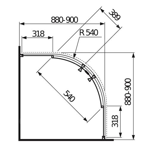 JIKA LYRA PLUS sprchovací kút 90x90 cm, R550, posuvné dvere, biela/sklo matné stripy H2533820006651 Technický nákres