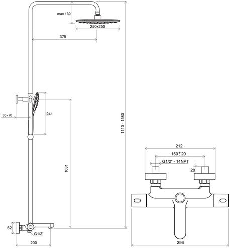 RAVAK TERMO 300 TE 092.00CR/WH vaňová termostatická batéria, s hornou a ručnou sprchou s 3 prúdmi, chróm/biela X070098 Technický nákres