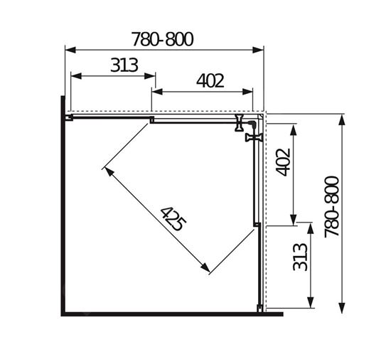 JIKA LYRA PLUS sprchový kút 80x80 cm, rohový vstup, posuvné dvere, biela / sklo matné stripy H2513810006651 Technický nákres