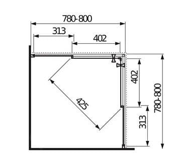 JIKA LYRA PLUS sprchový kút 80x80 cm, rohový vstup, posuvné dvere, biela / sklo matné stripy H2513810006651 Technický nákres