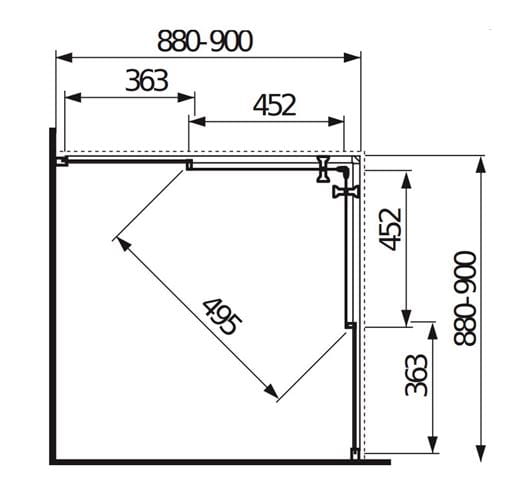 JIKA LYRA PLUS sprchovací kút 90x90 cm, rohový vstup, posuvné dvere, biela/sklo číre H2513820006681 Technický nákres