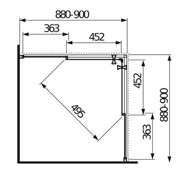 JIKA LYRA PLUS sprchový kút 90x90 cm, rohový vstup, posuvné dvere, biela / sklo matné stripy H2513820006651 Technický nákres