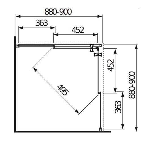 JIKA LYRA PLUS sprchový kút 90x90 cm, rohový vstup, posuvné dvere, biela / sklo matné stripy H2513820006651 Technický nákres