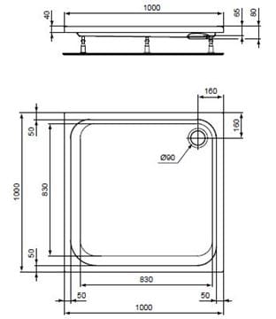 CONCEPT 100 sprchová vanička 100x100 cm, akrylát, bez nožičiek K864701 Technický nákres