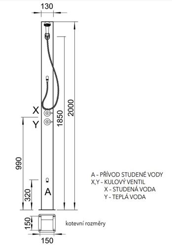 AZP BRNO solárny sprchový stĺp, nerez SPS 02 Technický nákres