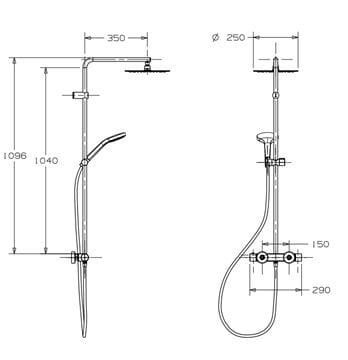 CONCEPT 200 sprchový set s termostatickou batériou, horná sprcha, ručná sprcha s 3 prúdmi, tyč, hadica, chróm PM10076/CO Technický nákres