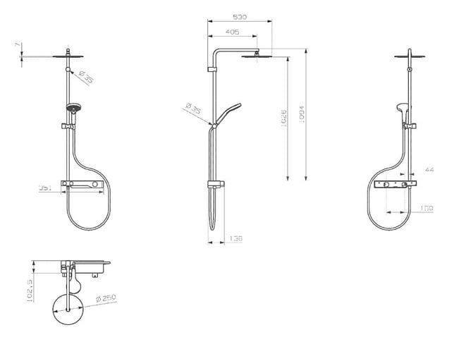 CONCEPT 200 sprchový set s termostatickou batériou, horná sprcha, ručná sprcha s 3 prúdmi, tyč, hadica, chróm PM10144/CO Technický nákres