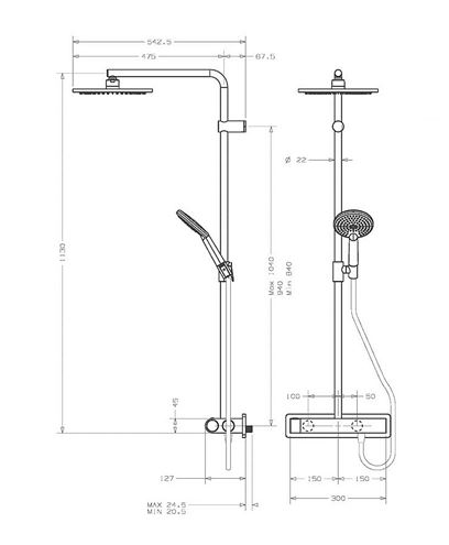CONCEPT 300 sprchový set s termostatickou batériou, horná sprcha, ručná sprcha s 3 prúdmi, tyč, hadica, chróm PM10021/CO Technický nákres