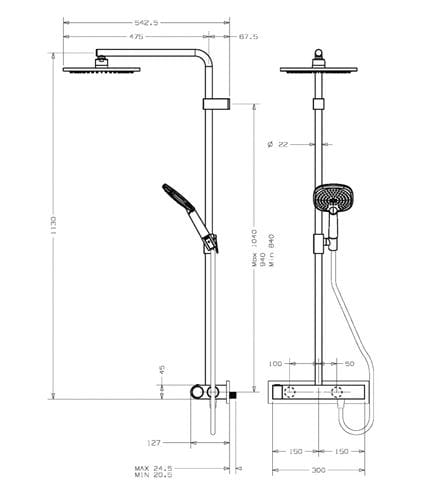 CONCEPT 300 sprchový set s termostatickou batériou, horná sprcha, ručná sprcha s 3 prúdmi, tyč, hadica, chróm PM10022/CO Technický nákres