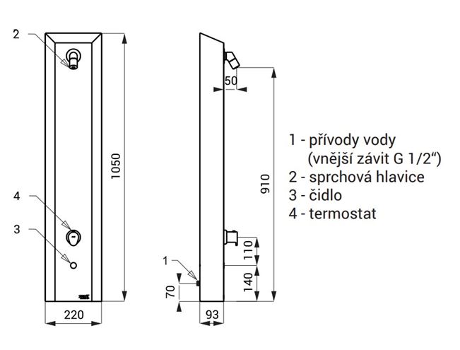 SANELA termostatický sprchový panel so senzorom, napájanie zo siete, nerez SLSN 02ET Technický nákres